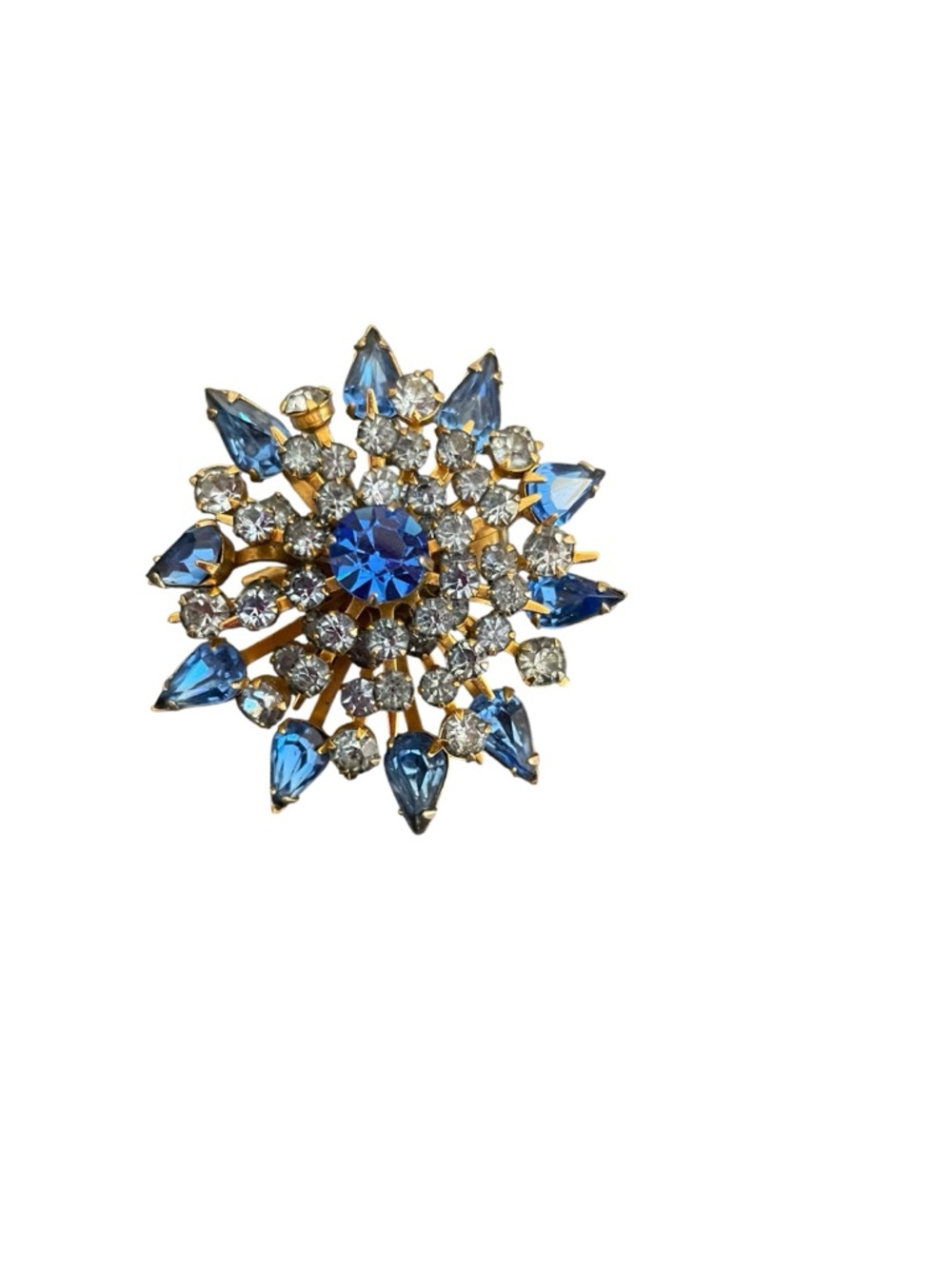 Coro Blue Clear Rhinestone Starburst Brooch Gold Tone Tiered Pin Vintage